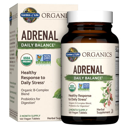 Garden of Life Organics Adrenal Daily Balance, Adaptogenic Herbs Ashwagandha, Holy Basil, B Complex & Probiotics, Organic Non-GMO, Vegan, Gluten Free Supplement, Two Month Supply, 120 Tablets Garden of LifeBuy Supplements Australia