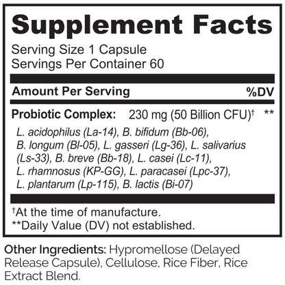 NATURELO Probiotics for Digestive Health - 50 Billion CFU, 11 Strains, Daily Use Supplement - Boosts Immune System, Delayed Release,