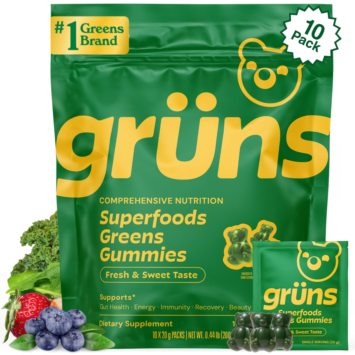 Gruns Adults Super Greens Gummies, Multivitamin Superfood Gummy Bears, Spirulina, Chlorella, Prebiotics & Fiber Gummies for Digestive Health GrünsBuy Supplements Australia