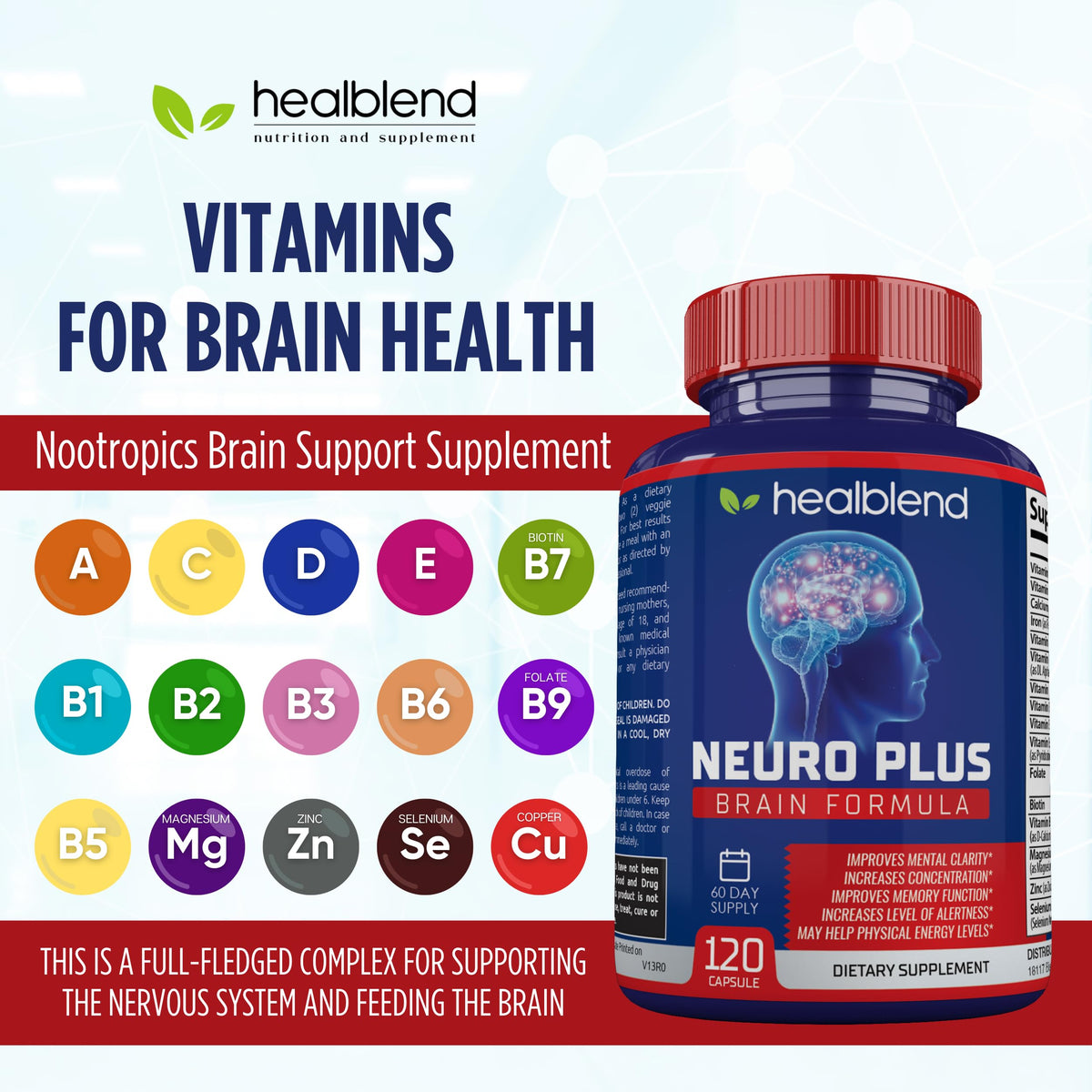 Neuro Plus Brain & Focus Formula - Nootropic Brain Booster Supplement, Supports Brain Health, Mental Clarity & Focus - Enhances Concentration & Mental Energy – 120 Capsules (1) healblendBuy Supplements Australia