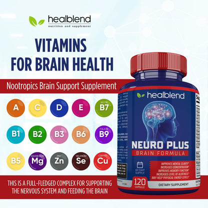 Neuro Plus Brain & Focus Formula - Nootropic Brain Booster Supplement, Supports Brain Health, Mental Clarity & Focus - Enhances Concentration & Mental Energy – 120 Capsules (1) healblendBuy Supplements Australia