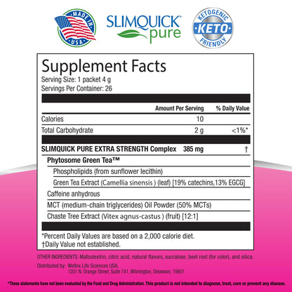 SlimQuick Pure 3X Extra Strength Drink Mix Packets, Metabolism & Weight Management for Women, Helps in Fat Breakdown, with Green Tea, Caffeine, Chaste Tree,