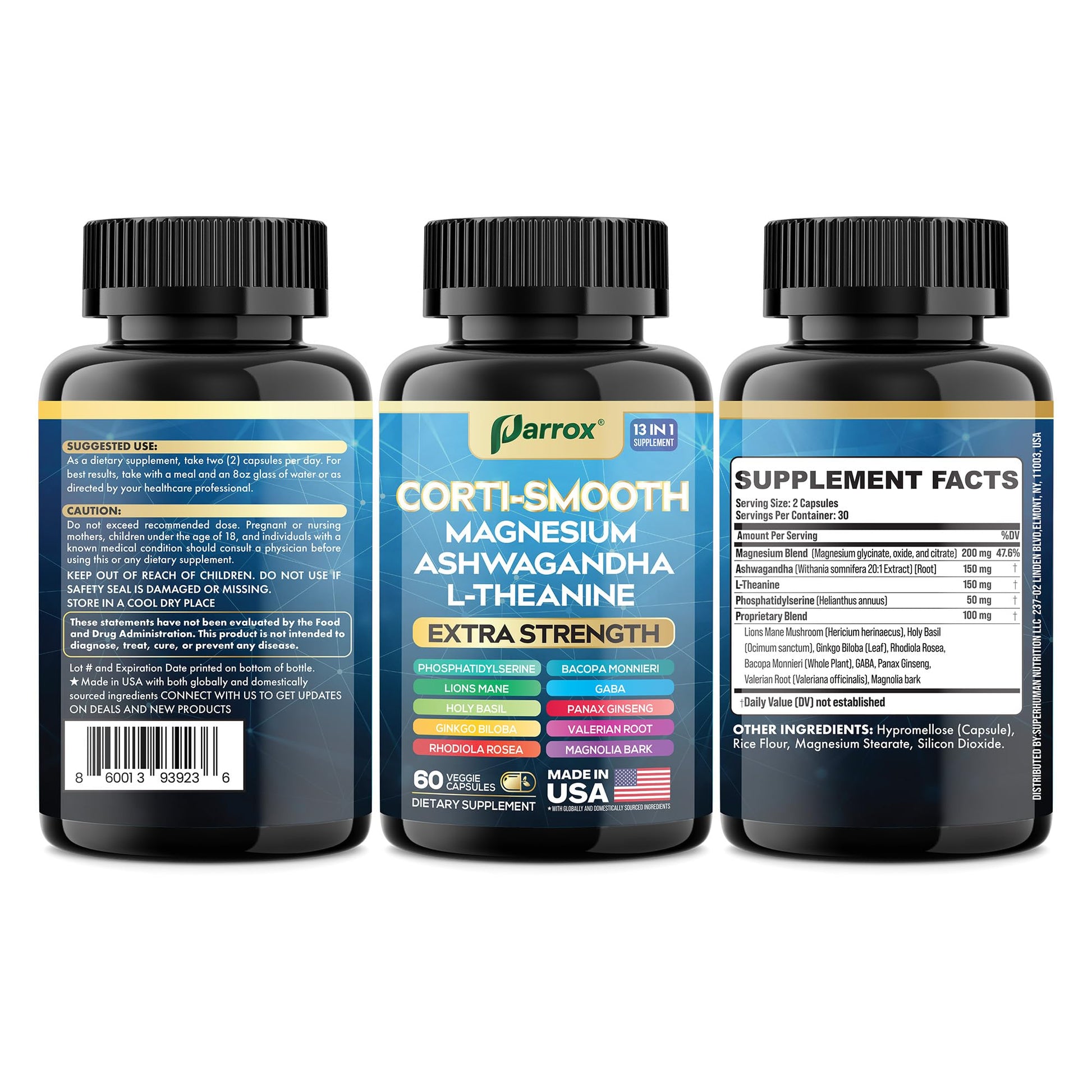 Parrox Corti-Smooth Cortisol Supplement Magnesium, L-Theanine, Ashwagandha, Phosphatidylserine, Valerian Root, Lions Mane, Bacopa Monnieri, Ginkgo Biloba, Panax Ginseng, Magnolia Bark, GABA (60 Caps) ParroxBuy Supplements Australia