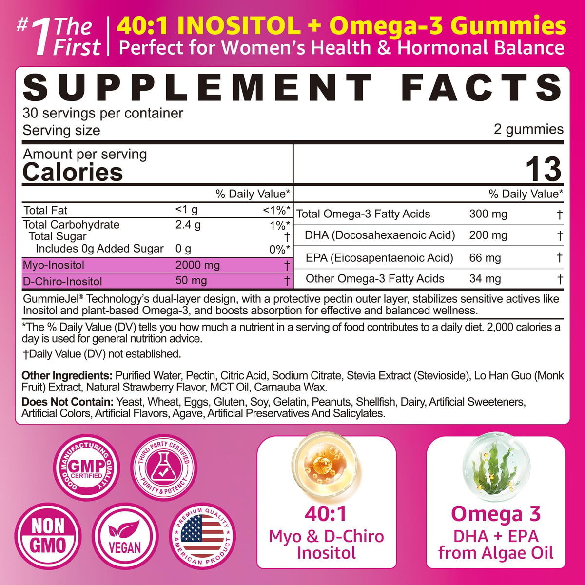 Myo-Inositol & D-Chiro Ideal 40:1, Inositol + Omega-3(3:1) Gummies, Hormone Balance for Women | Sugar Free Inositol Gummies w/Omega 3 DHA:EPA (3:1), Inositol Supplement for Cycle Health, Vegan, 60 Ct EnvyCureBuy Supplements Australia