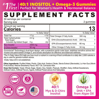 Myo-Inositol & D-Chiro Ideal 40:1, Inositol + Omega-3(3:1) Gummies, Hormone Balance for Women | Sugar Free Inositol Gummies w/Omega 3 DHA:EPA (3:1), Inositol Supplement for Cycle Health, Vegan, 60 Ct EnvyCureBuy Supplements Australia