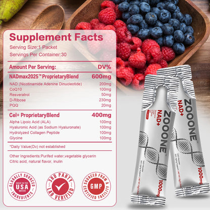 zooone NAD+ Supplement with Resveratrol, Liquid Designed to Help Support Absorption, 1000mg NMNH Supplement Alternative for Anti-Aging, Boost Energy, Support Cellular, 30 Pockets zoooneBuy Supplements Australia