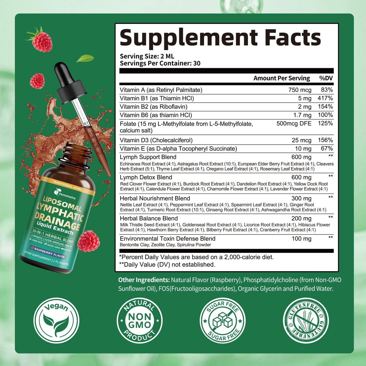 Liposomal Lymphatic Drainage Supplements with 30-in-1 Herbal Blend - Echinacea | Oregano | Milk Thistle - Sugar Free Lymph System Drops - Immune Support, Cleanse & Detox, Raspberry Flavor, 2 fl oz Femmetra buy supplements Au