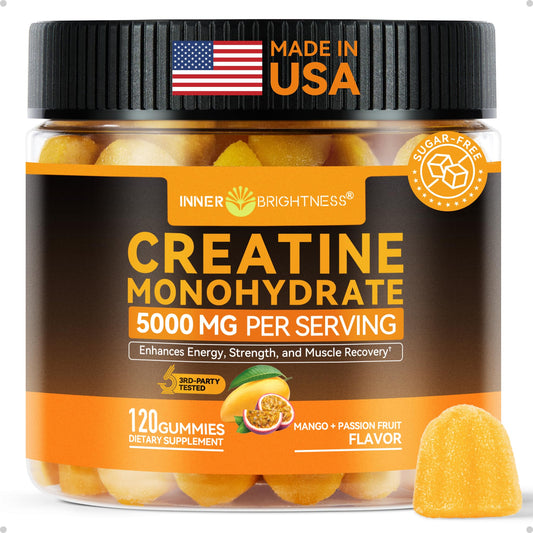 Inner Brightness Creatine Monohydrate Gummies for Men & Women 5000 mg, 3rd Party Tested, Creatine Chews for Muscle Growth, Strength & Energy Support, Sugar Free, Vegan, 120 Count, Mango Passionfruit Inner BrightnessBuy Supplements Australia