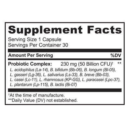NATURELO Probiotics for Digestive Health, 50 Billion CFU, 30 Vegetarian Capsules, 11 Strains, Daily Use Supplement, Delayed Release, No-Fridge, Helps Boost Immune System,