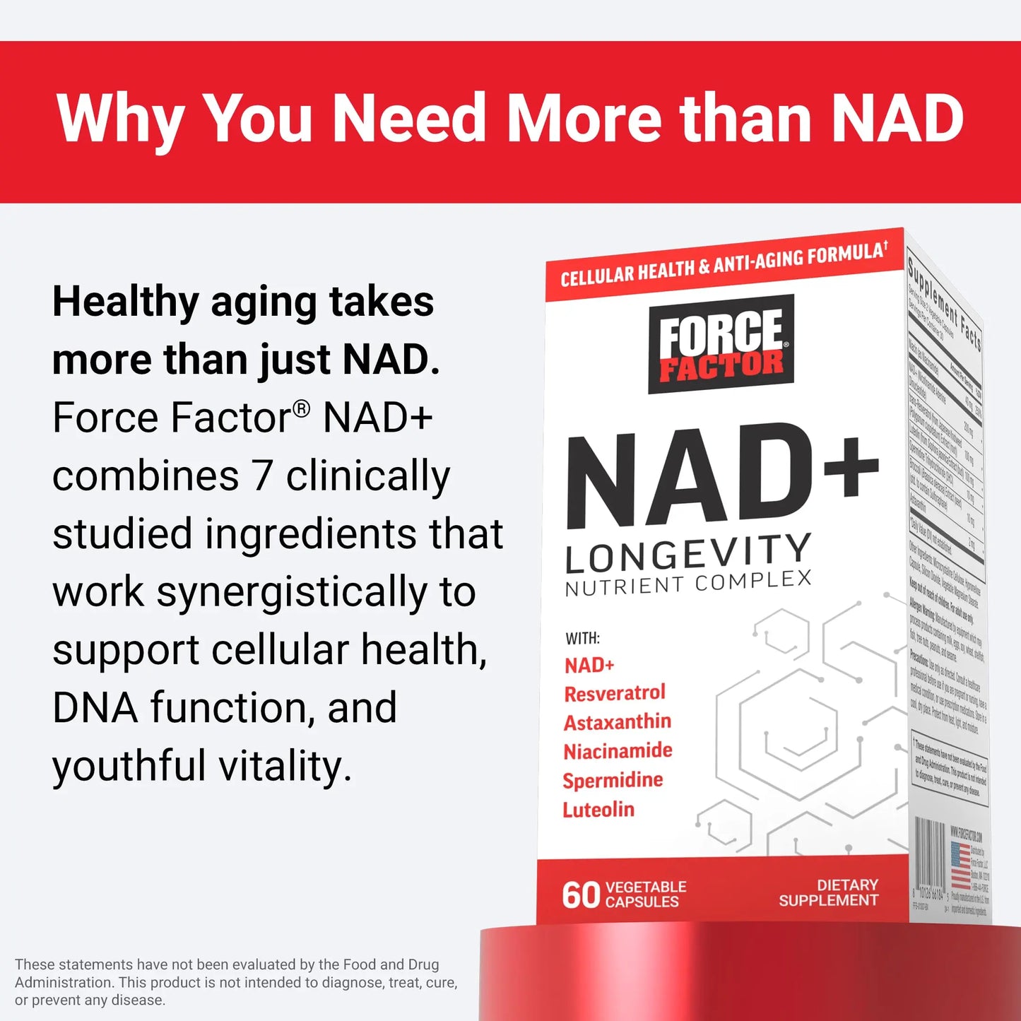 FORCE FACTOR NAD+ (NMN or Nicotinamide Riboside Alternative) with Resveratrol, Astaxanthin, Spermidine & Luteolin Complex, NAD to Support Cellular Health & Healthy Aging, 60 Capsules Force FactorBuy Supplements Australia