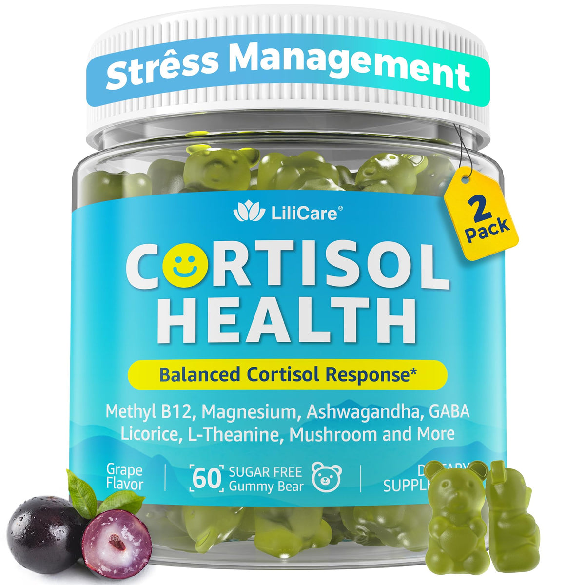 Cortisol Gummies for Women & Men, Sugar Free Cortisol Reducer Supplements w/ Magnesium, Ashwagandha, Mushroom, L-theanine, Rhodiola, Vitamin B6 B12 for Cortisol Detox, Relax, Sleep Support 2 Pack LILICAREBuy Supplements Australia