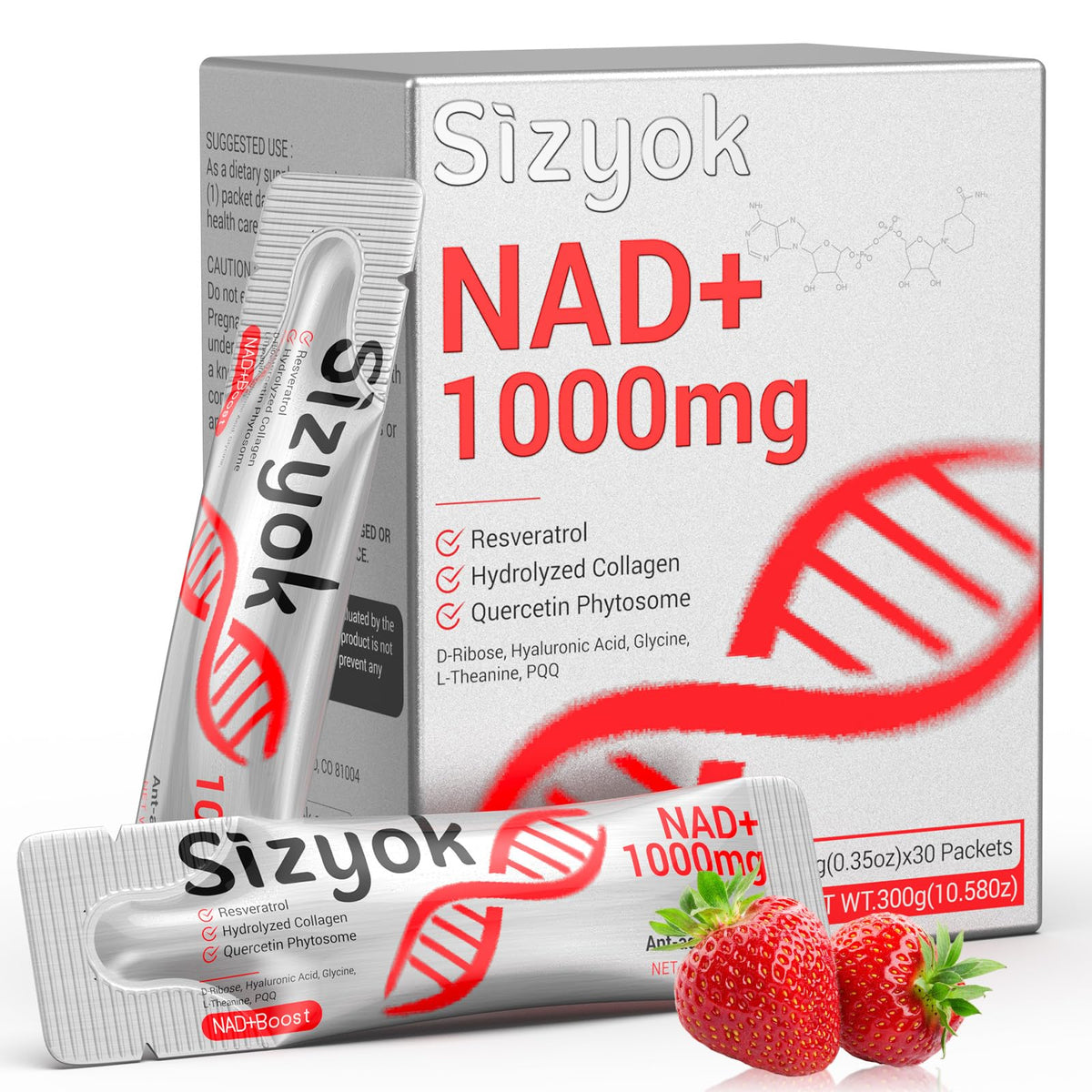 Sizyok NAD+ 1000mg supplement packaging with red text and DNA strand graphic on a white background.