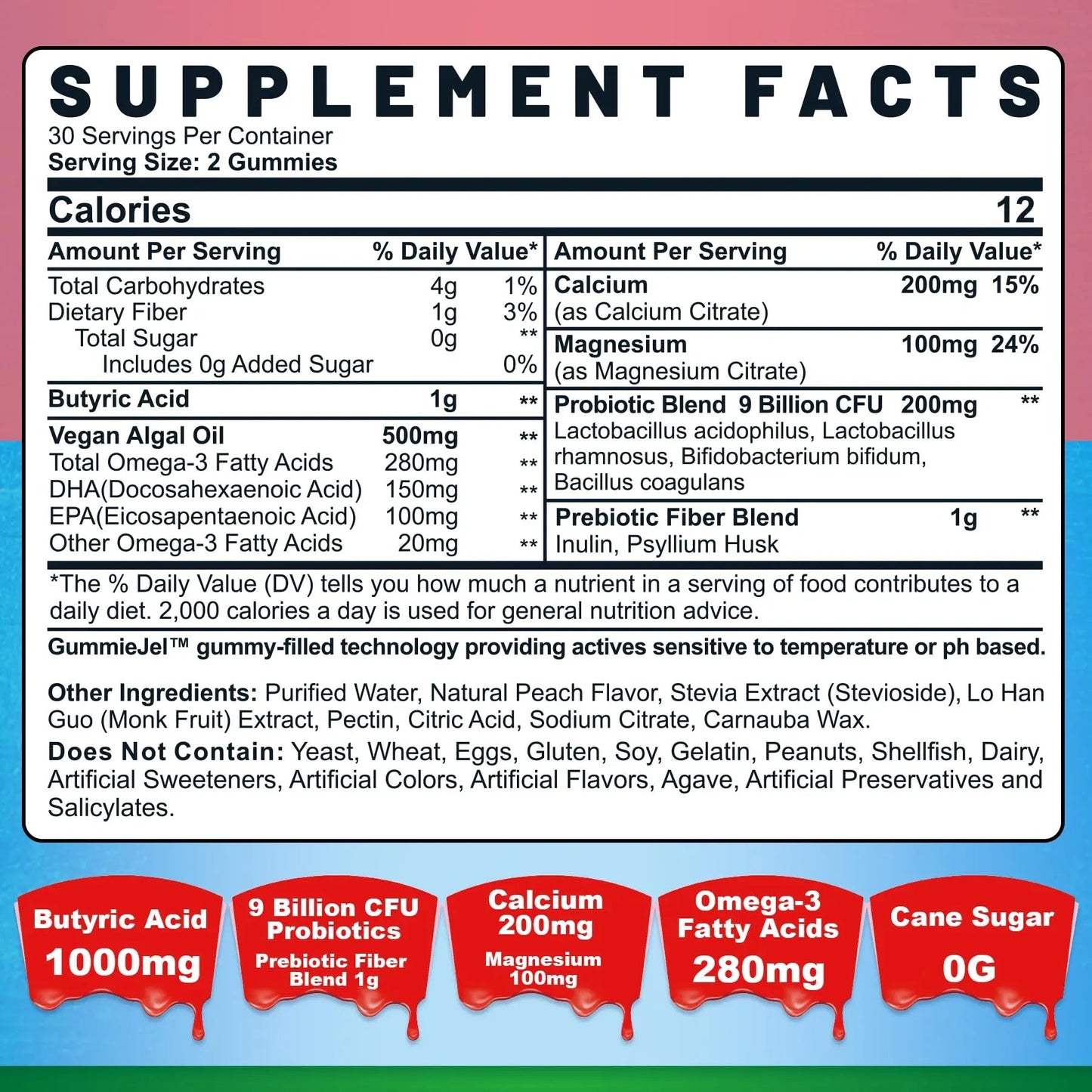 Butyrate Gummies with Probiotic + Prebiotic + Postbiotic, Omega-3 500mg,Fiber with 9 Billion CFU Probiotics, Calcium & Magnesium, Inulin,Psyllium Husk for Digestive Health,Bloating Support,Sugar Free NextdiaBuy Supplements Australia
