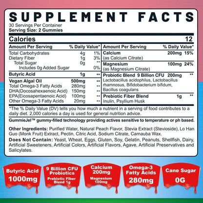 Butyrate Gummies with Probiotic + Prebiotic + Postbiotic, Omega-3 500mg,Fiber with 9 Billion CFU Probiotics, Calcium & Magnesium, Inulin,Psyllium Husk for Digestive Health,Bloating Support,Sugar Free NextdiaBuy Supplements Australia