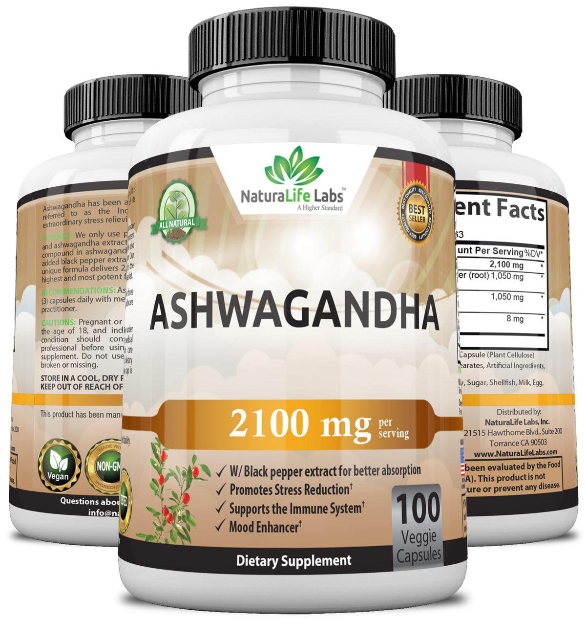 Organic Ashwagandha 2,100 mg - 100 Vegan Capsules Pure Organic Ashwagandha Powder NaturaLife Labs A Higher StandardBuy Supplements Australia