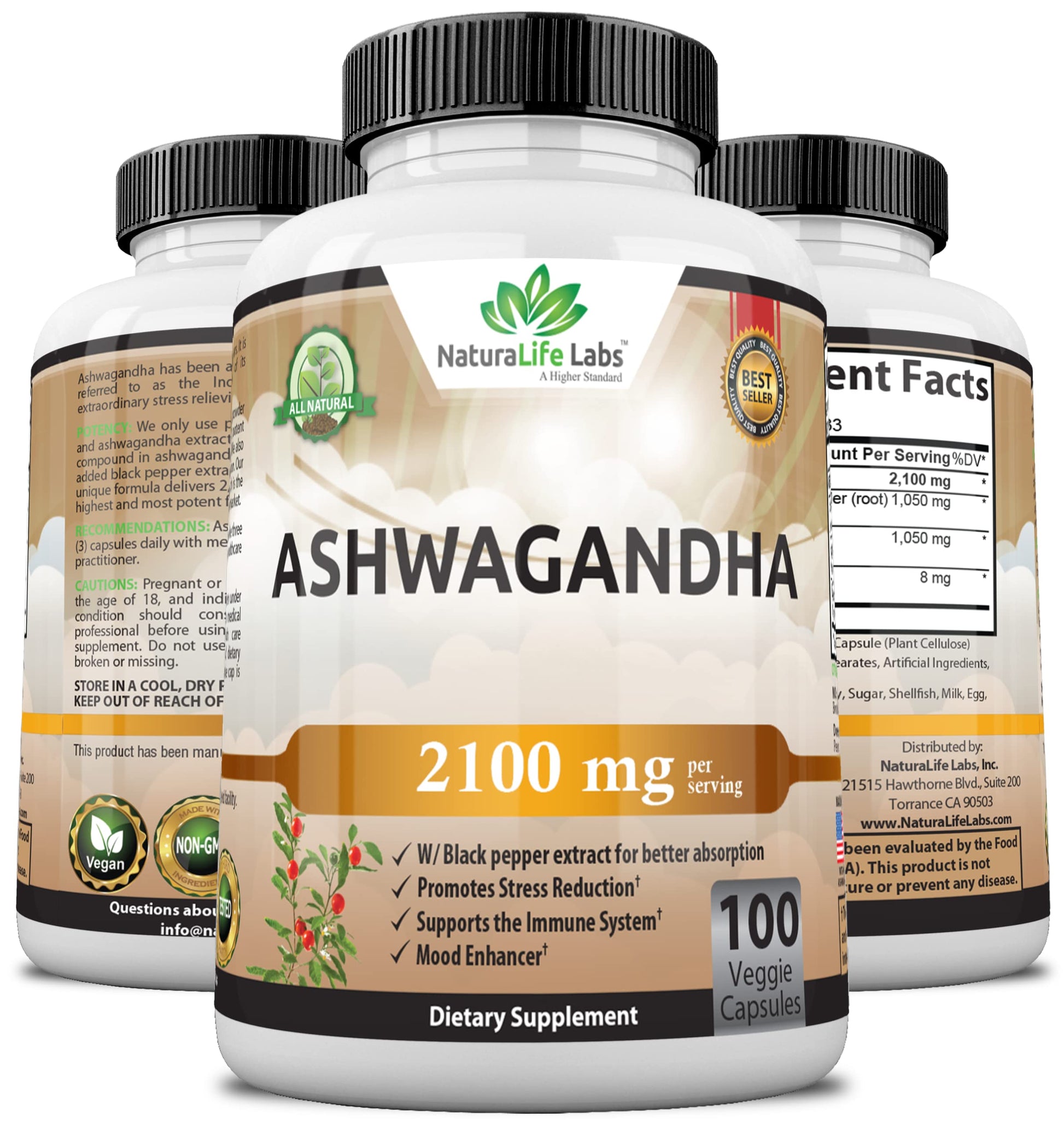 Organic Ashwagandha 2,100 mg - 100 Vegan Capsules Pure Organic Ashwagandha Powder NaturaLife Labs A Higher StandardBuy Supplements Australia