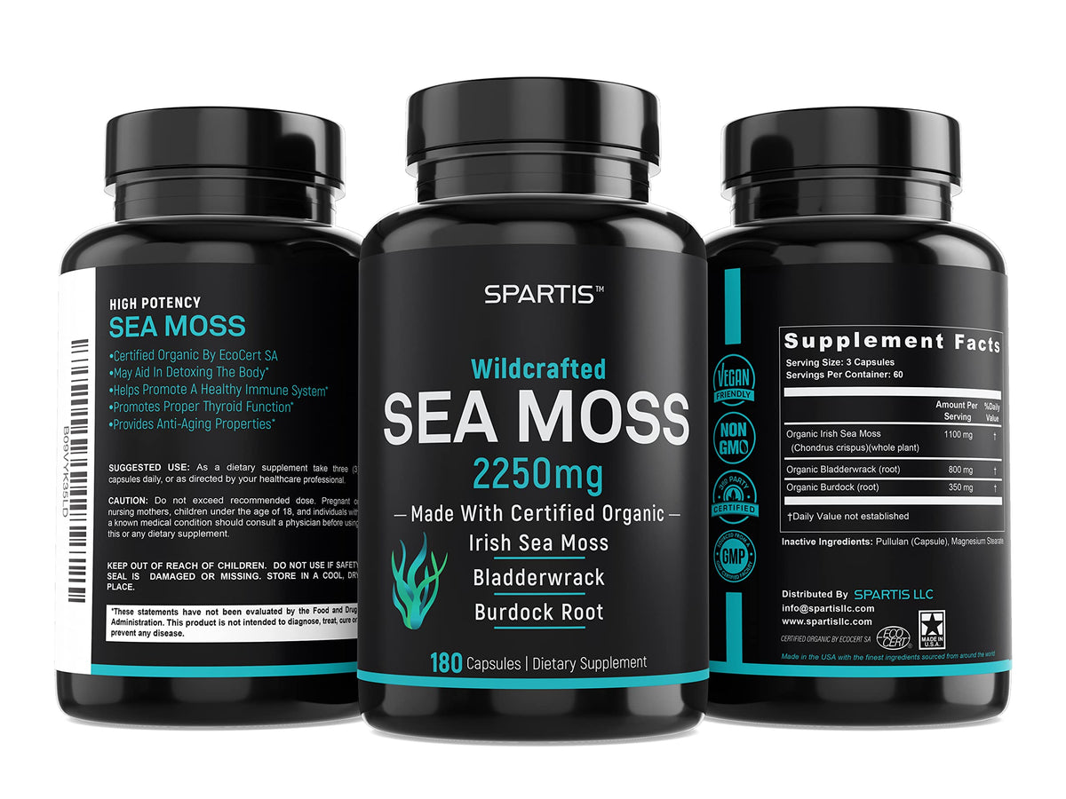Certified Organic Sea Moss Capsules 2250mg Wildcrafted Irish Sea Moss Burdock Root SPARTISBuy Supplements Australia