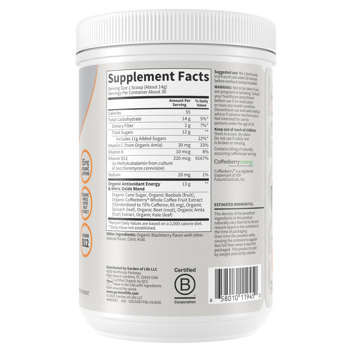 Garden of Life Sport Organic Plant Based Energy + Focus Clean Pre Workout Powder, with 85mg Caffeine, Natural No Booster, B12, Vegan, Gluten Free, Non-GMO, BlackBerry, 15.3 Oz Garden of LifeBuy Supplements Australia