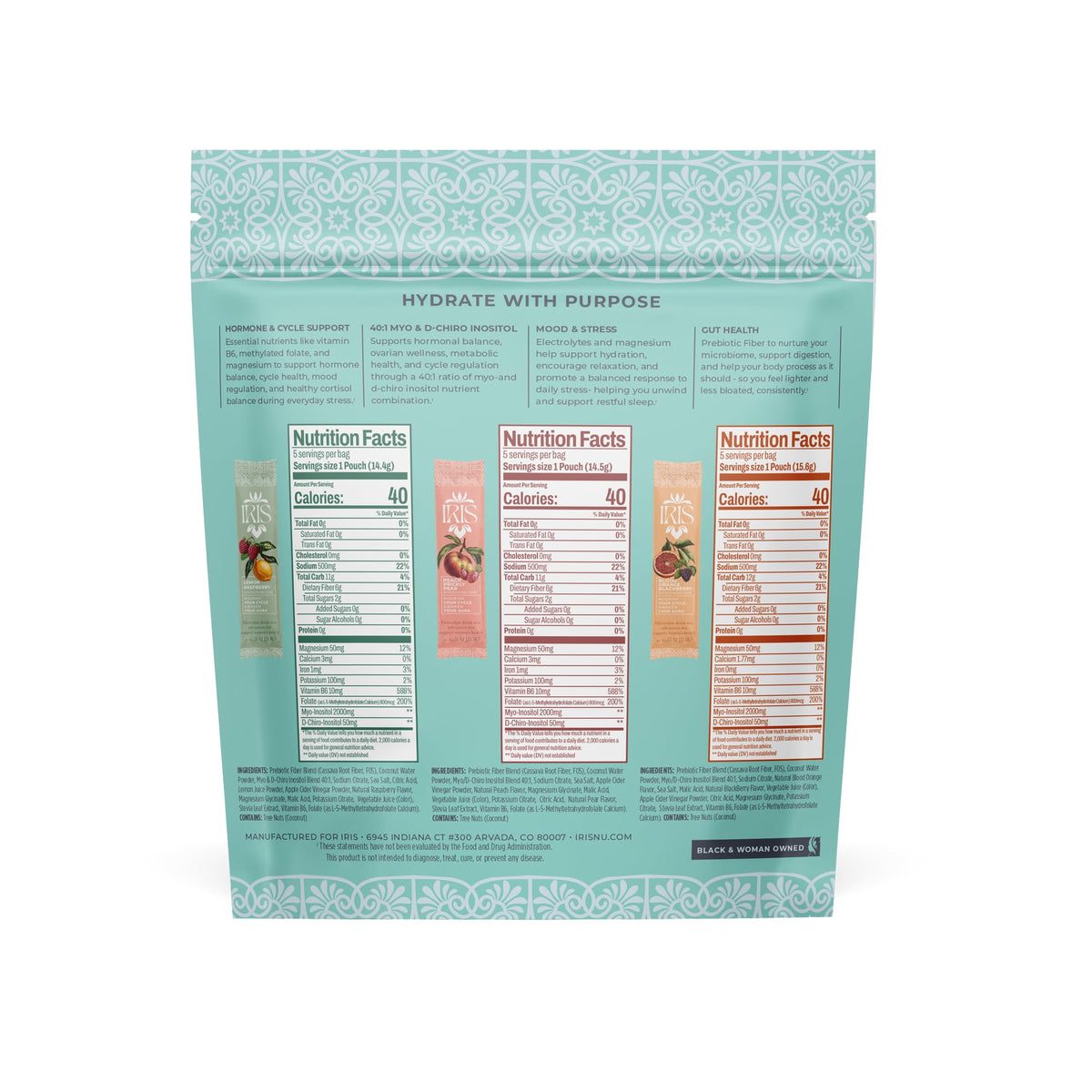 Iris Women’s Hormonal Health Daily Electrolyte Drink Mix | High Fiber, Essential B Vitamins for Mood Support | 40:1 Myo & D‑Chiro Inositol | Variety Pack,