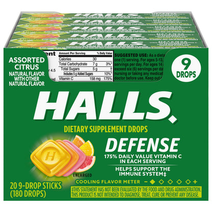 HALLS Defense Assorted Citrus Vitamin C Drops, 20 Sticks of 9 Drops (180 Total Drops) HALLS buy supplements Au