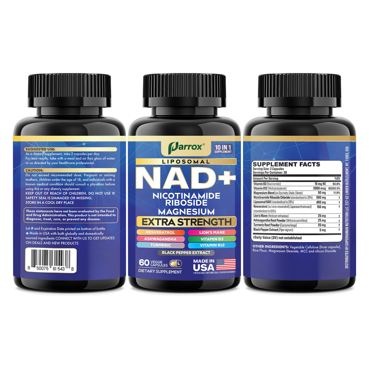 Parrox NAD+ Supplement with Liposomal NAD+, Nicotinamide Riboside, Magnesium, Vitamin B3 & B12, Resveratrol, Turmeric, Ashwagandha, Lion’s Mane,10-in-1 Extra Strength ParroxBuy Supplements Australia