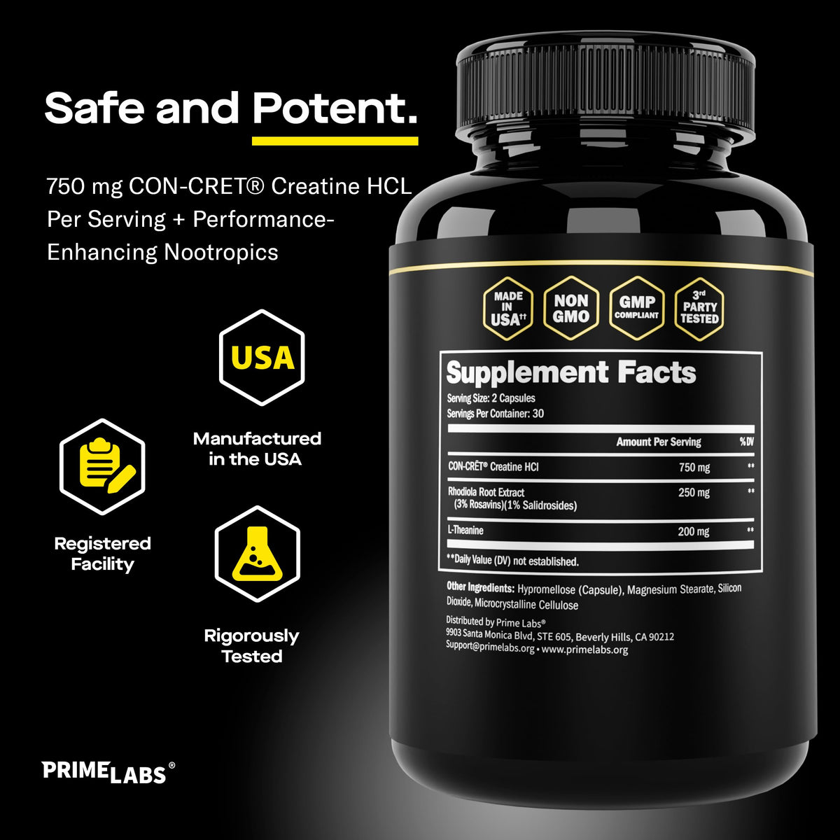 Prime Labs Creatine HCl Capsules - with CON-CRĒT®, Rhodiola Root Extract, & L-Theanine - Muscle Support, Endurance, Cognitive Function - for Men & Women - 60 Pills Prime LabsBuy Supplements Australia