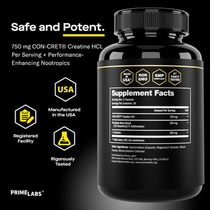 Prime Labs Creatine HCl Capsules - with CON-CRĒT®, Rhodiola Root Extract, & L-Theanine - Muscle Support, Endurance, Cognitive Function - for Men & Women - 60 Pills Prime LabsBuy Supplements Australia