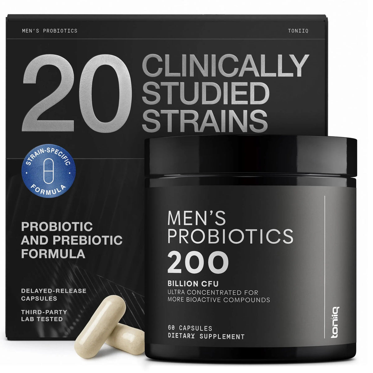 Toniiq Mens Probiotic with 20 Verified Strains – 200 Bilion CFU + 200mg FOS Prebiotic – Mens Probiotics for Gut Health - Cold-Chain & Delayed-Release – Lab-Tested Synbiotic Formula Toniiq buy supplements Au