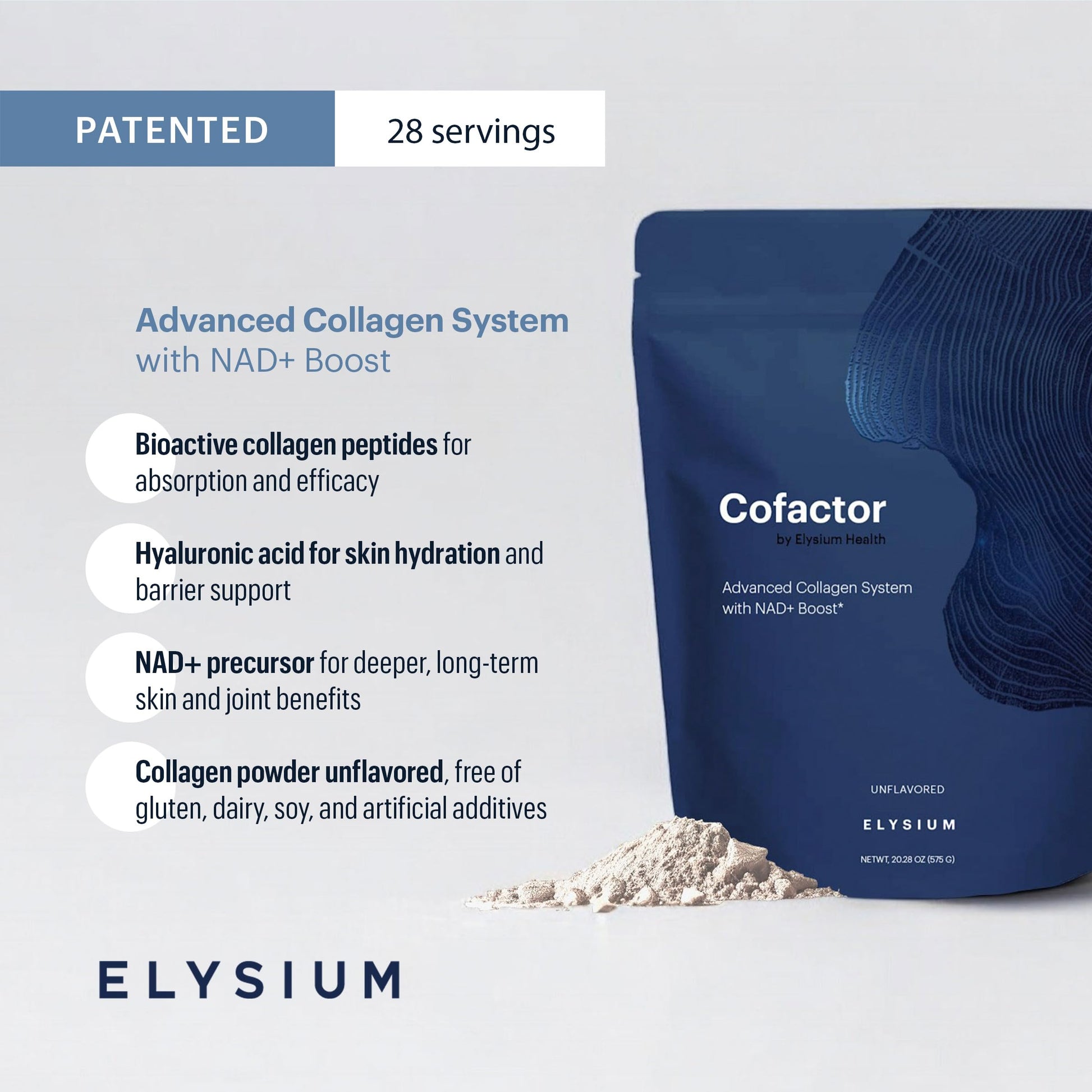 ELYSIUM Cofactor – 4-in-1 Collagen Peptides Powder w/NAD+, Hyaluronic Acid & Vitamin C for Skin, Hair, Nails, Joints & Cellular Health, Collagen Supplements for Men & Women – Unflavored, 28 Servings ELYSIUMBuy Supplements Australia