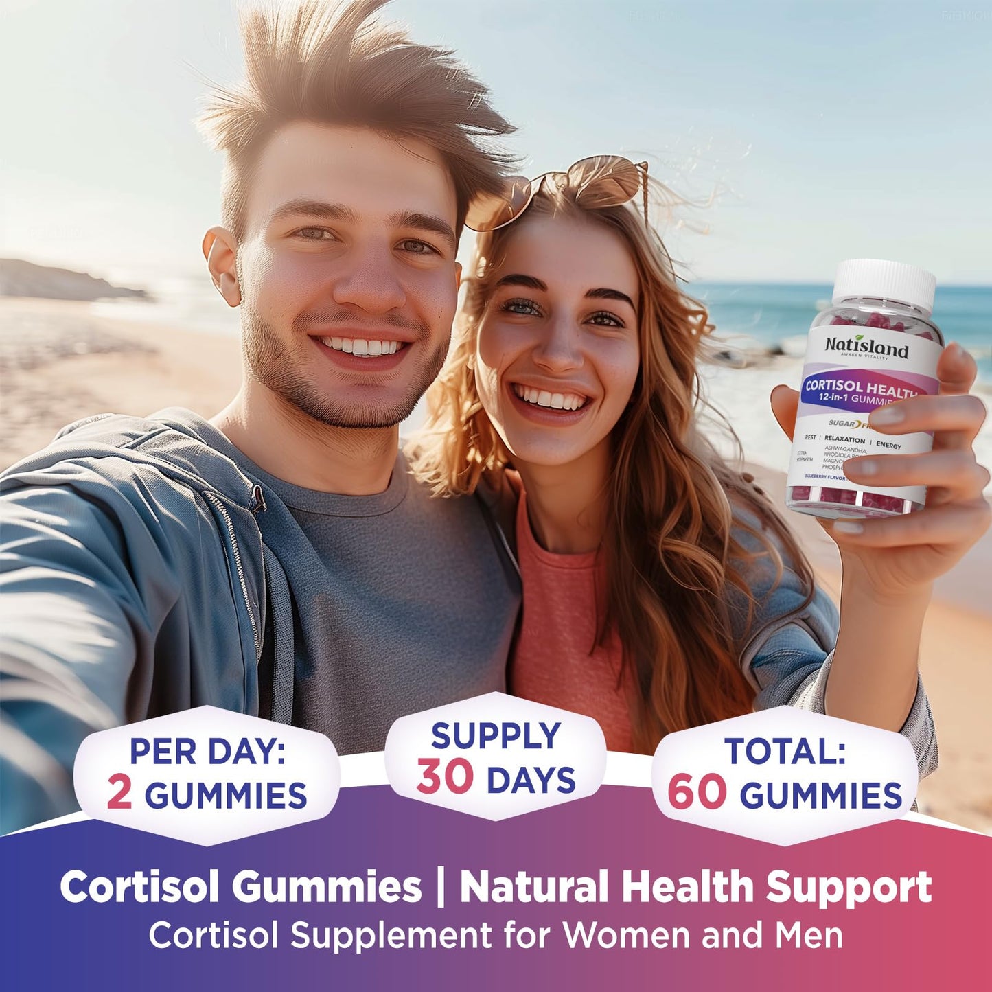 Cortisol Gummies, 12-in-1 Cortisol Reducer, with Magnesium Glycinate, Ashwagandha, L-Theanine, Phosphatidylserine, Vitamin B6 & D3, Rhodiola Rosea, for Men & Women, Sugar-Free, Vegan, NON-GMO, 60CT NATISLANDBuy Supplements Australia