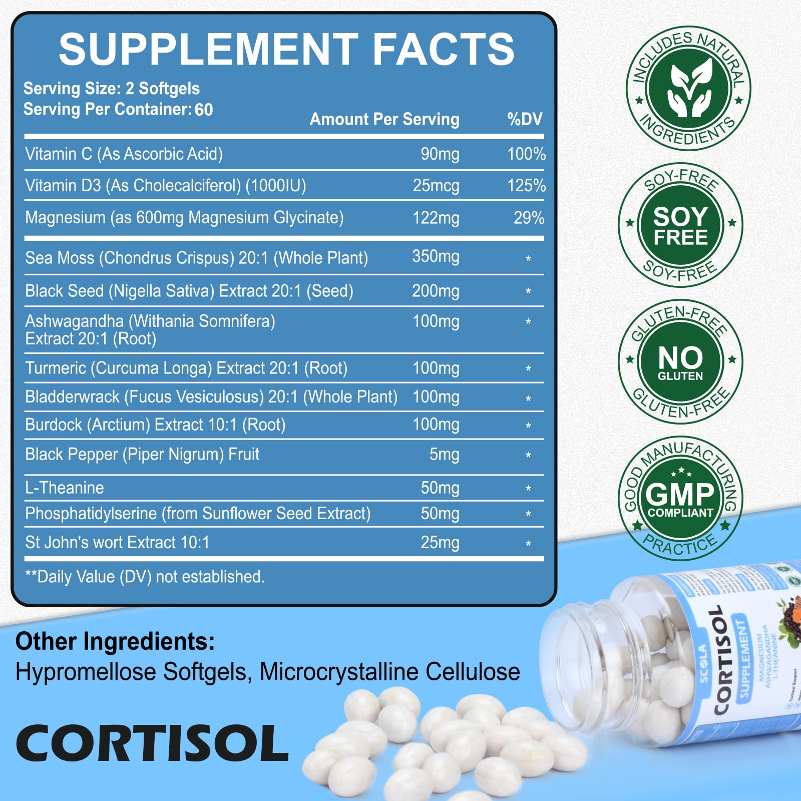 SCOLA Cortisol Supplement for Women and Men with Magnesium, Ashwagandha/L-Theanine, Cortisol Detox Manager, Cortisol Reducer Supports Relaxation & Calm, Mood, Sleep, 120 Count SCOLABuy Supplements Australia
