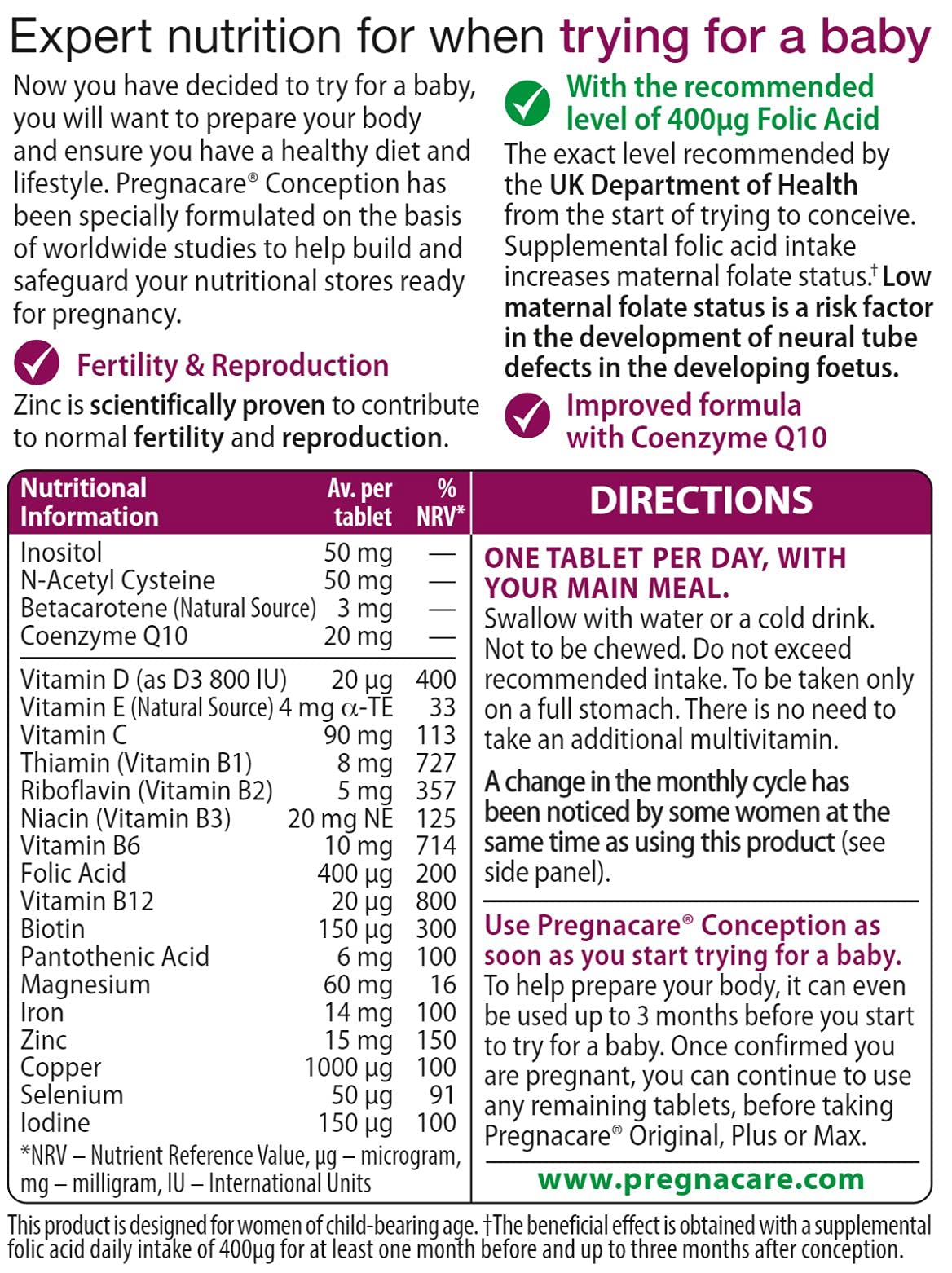 Pregnacare Conception Tablets, Pack of 30, 30 Count PregnacareBuy Supplements Australia