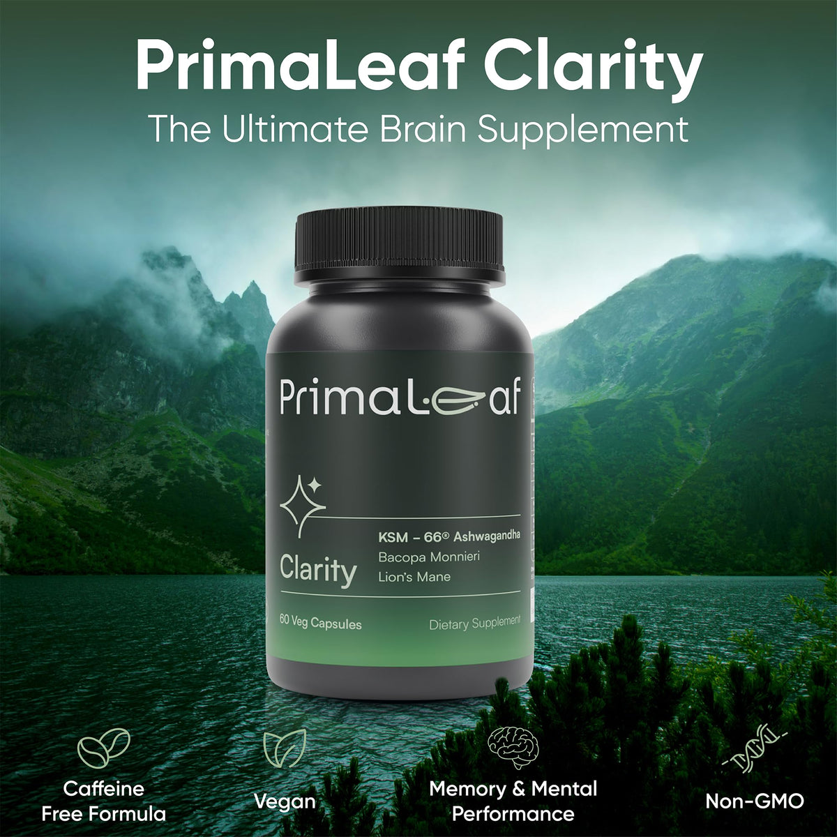 PrimaLeaf Clarity Nootropics Brain Supplement for Focus, Memory, & Stress Relief | Natural Nootropic with KSM66 Ashwagandha, Lions Mane, Bacopa, L Theanine | Cognitive & Mood Support | 60 Veg Capsules PrimaLeafBuy Supplements Australia