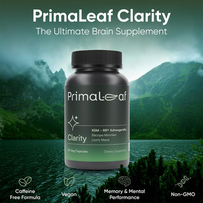 PrimaLeaf Clarity Nootropics Brain Supplement for Focus, Memory, & Stress Relief | Natural Nootropic with KSM66 Ashwagandha, Lions Mane, Bacopa, L Theanine | Cognitive & Mood Support | 60 Veg Capsules PrimaLeafBuy Supplements Australia