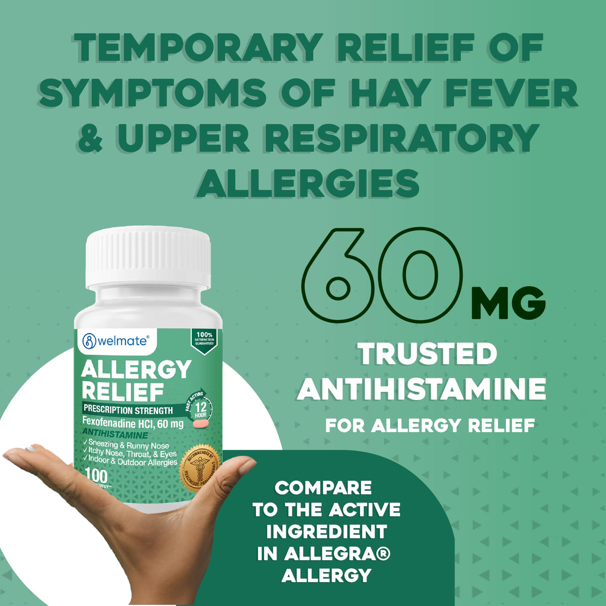 WELMATE - Fexofenadine Hydrochloride 60mg (100 Tablets) - Non Drowsy Allergy Medicine - 12 Hours - Antihistamine - Nose, Eyes, Throat - Generic Allergy Pills - Gluten Free, Over-the-Counter Medication WELMATE buy supplements Au