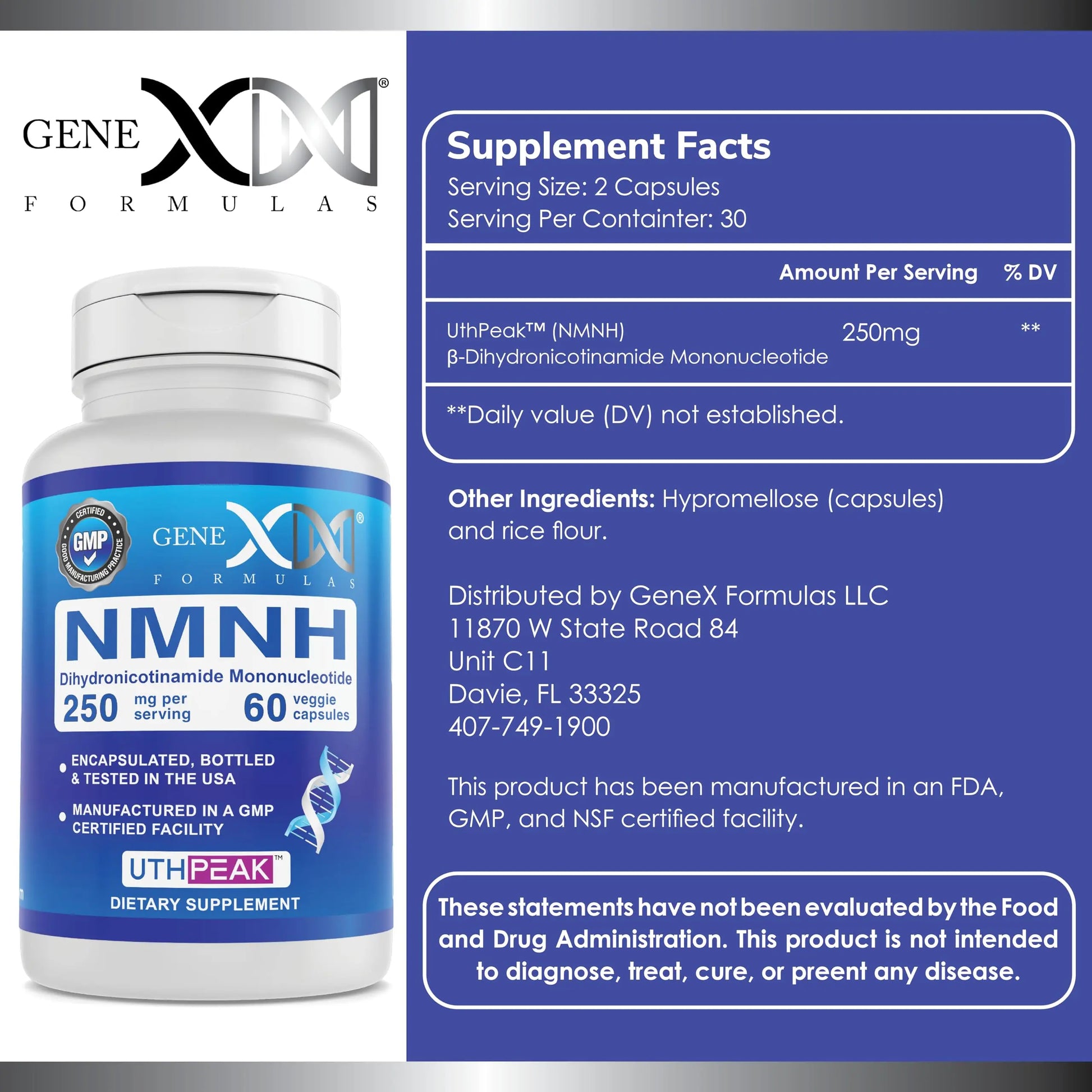 Genex Formulas 250mg NMNH (60 Capsules - 30 Servings) | Uthpeak™ NMNH (Dihydronicotinamide Mononucleotide) NAD+ Precursor for Healthy Aging - Non-GMO, Gluten-Free, Vegetarian Genex FormulasBuy Supplements Australia