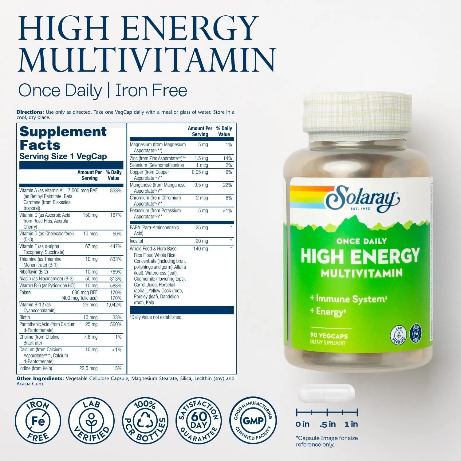 SOLARAY Once Daily High Energy Multivitamin, Iron Free, Immune System and Energy Support, Whole Food and Herb Base Ingredients SOLARAY