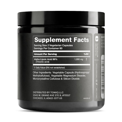 Toniiq 1000mg Ultra High Strength Alpha Lipoic Acid Capsules - Highly Purified 99%+ USP Standard - 120 Capsules ALA Supplement Toniiq buy supplements Au