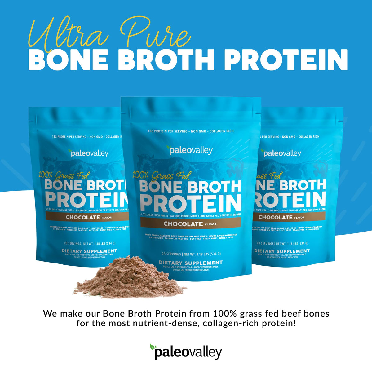 Paleovalley 100% Grass Fed Bone Broth Protein Powder - Chocolate - Rich in Collagen PaleovalleyBuy Supplements Australia