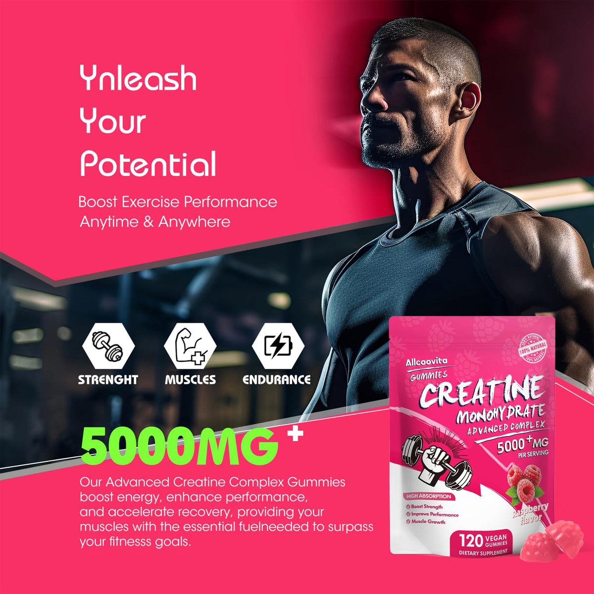 NSF Certified Creatine Gummy - Creatine Monohydrate Gummies 5000mg for Men & Women -120 Gummies Advanced Formula, Muscle Strength, Muscle Builder, Energy Boost, Pre-Workout Supplement-Raspberry AllcoovitaBuy Supplements Australia