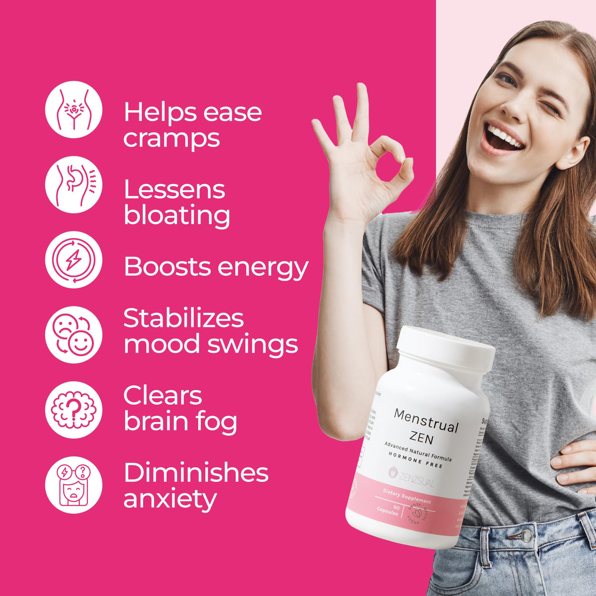 ZENZSUAL Menstrual Zen Natural and Hormone-Free Supplement – Support for Menstrual Cramps, Mood Swings and Period Pain – Diuretic Effect (90 Capsules / 2.7 Oz) ZENZSUALBuy Supplements Australia