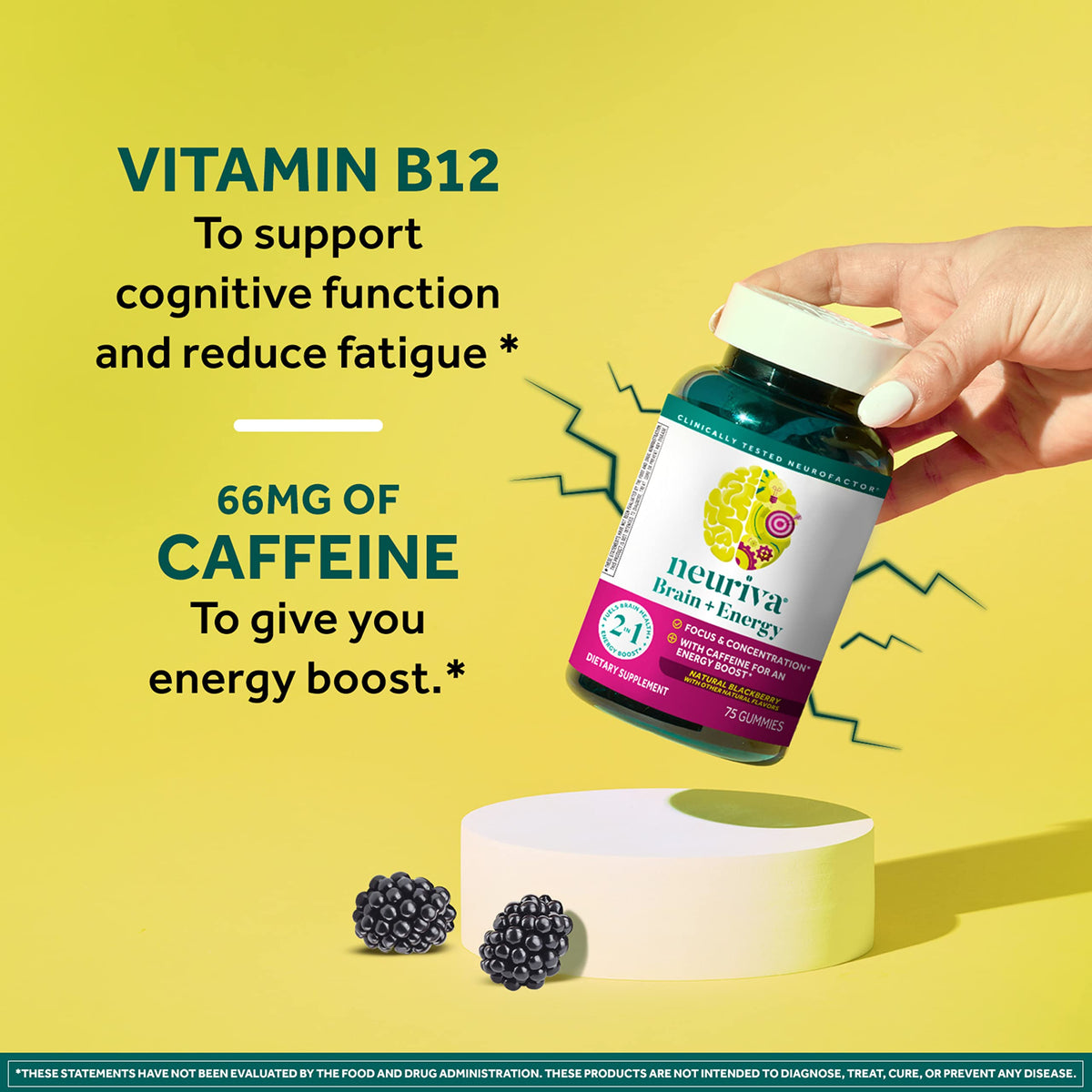 NEURIVA Brain + Energy Gummies, Nootropic Brain Supplements for Focus and Concentration with Neurofactor, Vitamin B12 & Caffeine for an Energy Boost*, 75ct Natural BlackBerry NEURIVABuy Supplements Australia