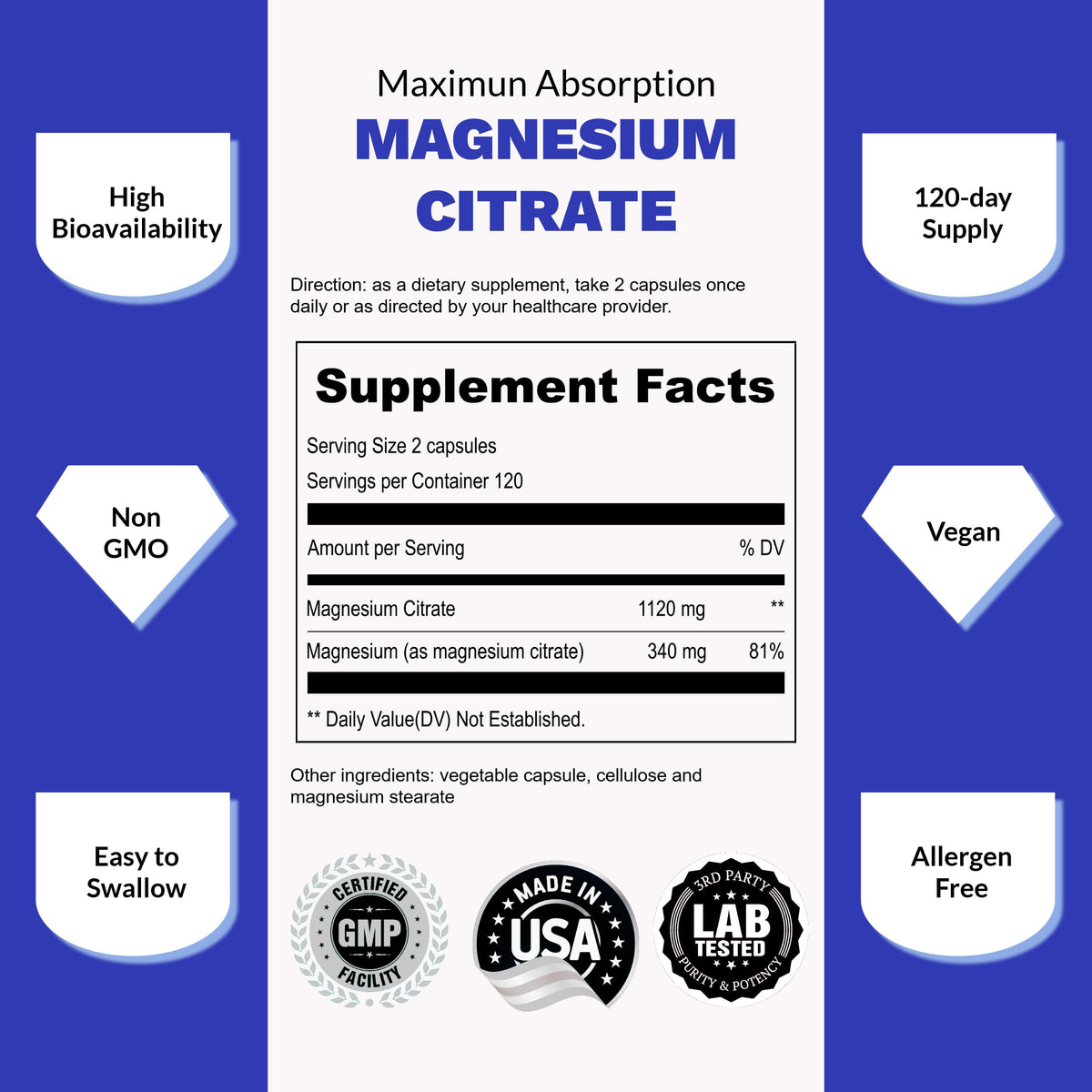UpNourish Pure Magnesium Citrate (Citrato de Magnesio) 1120mg, 240 Capsules UpNourishBuy Supplements Australia