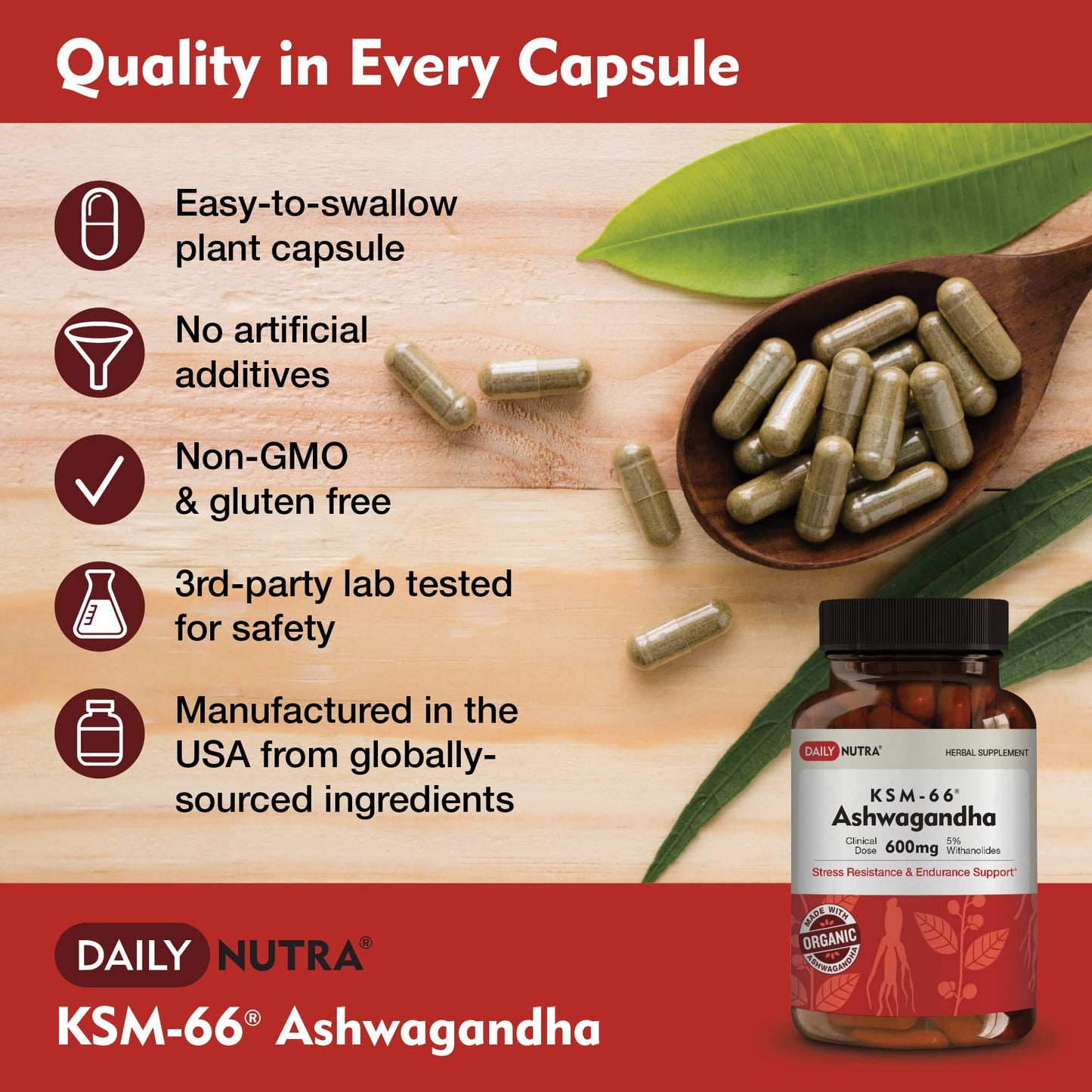DailyNutra KSM-66 Ashwagandha 600mg Organic Root Extract - High Potency Supplement with 5% Withanolides | Relieves Tiredness, Supports Relaxation, Focus, Energy, & Muscle Growth (90 Capsules) DailyNutraBuy Supplements Australia