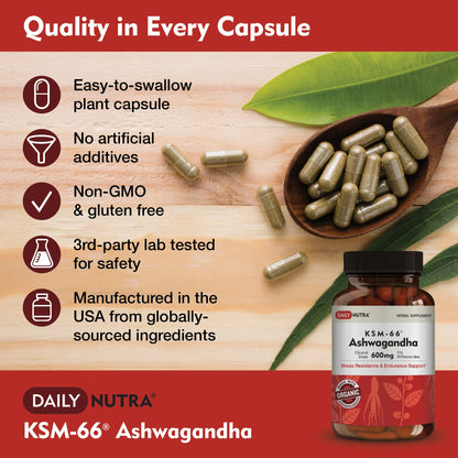 DailyNutra KSM-66 Ashwagandha 600mg Organic Root Extract - High Potency Supplement with 5% Withanolides | Relieves Tiredness, Supports Relaxation, Focus, Energy, & Muscle Growth (90 Capsules) DailyNutraBuy Supplements Australia
