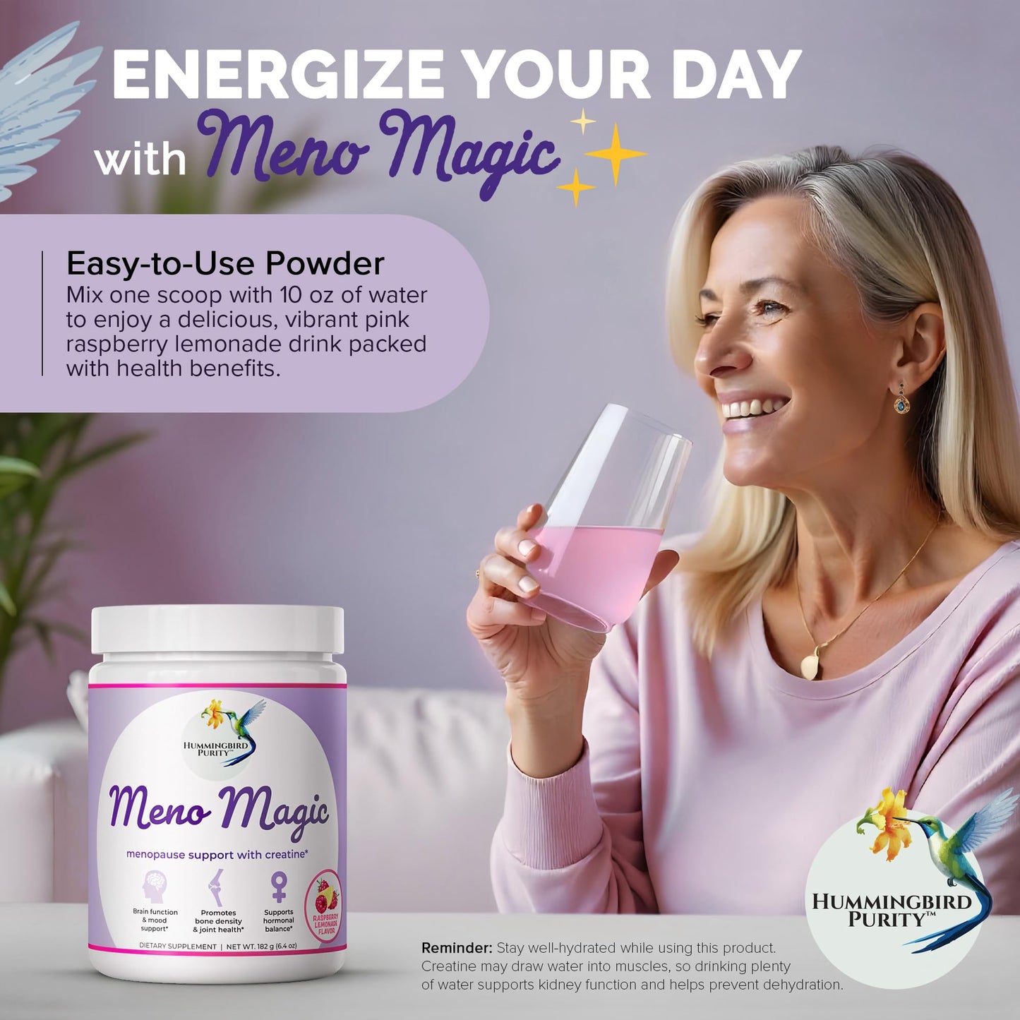 Meno Magic Menopause Support Drink – Raspberry Lemonade with Creatine, Herbs & Vitamins | 30 Servings Hummingbird PurityBuy Supplements Australia