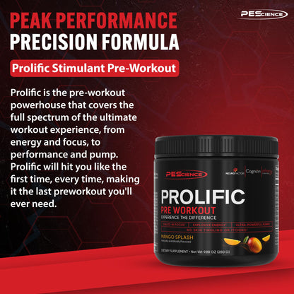 PEScience Prolific Pre Workout Powder for Men & Women with L-Citrulline Nitric Oxide Booster, Energy Powder & Nootropic for Focus – Preworkout Without Beta Alanine – 40 Scoops, Mango Splash PEScienceBuy Supplements Australia