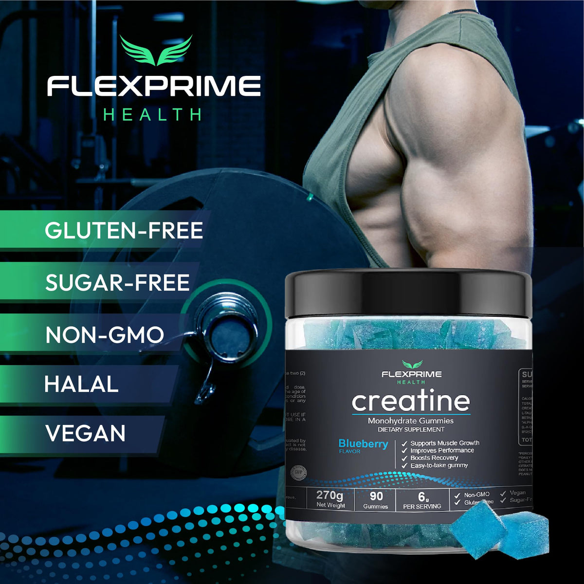 FlexPrime Creatine Gummies Sugar Free - 6g Creatine Monohydrate + L-Taurine, Alpha GPC, Betaine | Vegan Halal Blueberry Chews for Lean Muscle, Strength, Brain Health | Men Women 90 Count FlexPrimeBuy Supplements Australia