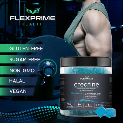 FlexPrime Creatine Gummies Sugar Free - 6g Creatine Monohydrate + L-Taurine, Alpha GPC, Betaine | Vegan Halal Blueberry Chews for Lean Muscle, Strength, Brain Health | Men Women 90 Count FlexPrimeBuy Supplements Australia