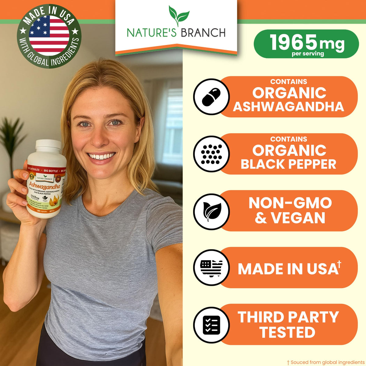 UDAF Certified Organic Ashwagandha with Black Pepper, 1965mg - Extra Strength for Stress, Sleep, Mood, Thyroid, Energy, Hair, Vegan Pure Root Extract Powder Supplement for Men and Women | 180 Capsules NATURE'S BRANCHBuy Supplements Australia